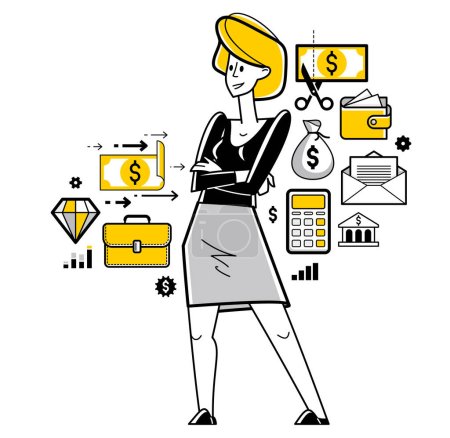 Illustration for Businesswoman analyzing and organizing financial deals vector outline illustration, woman entrepreneur company leader working on some commercial project. - Royalty Free Image