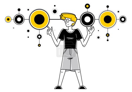 Illustration for Inspired inventive designer or engineer composing abstract elements, creative worker doing some job and creating some system, vector outline illustration. - Royalty Free Image