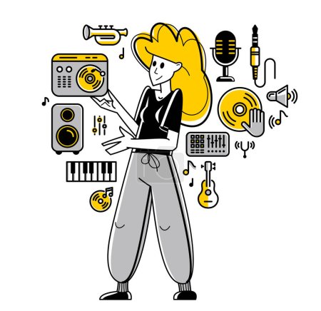 Illustration for Sound engineer mixing new song in audio recording studio, vector outline illustration of a musician composer doing his job producing new beat. - Royalty Free Image