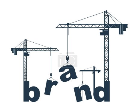 Illustration for Construction cranes build Brand word vector concept design, conceptual illustration with lettering allegory in progress development, stylish metaphor of business identity and marketing. - Royalty Free Image