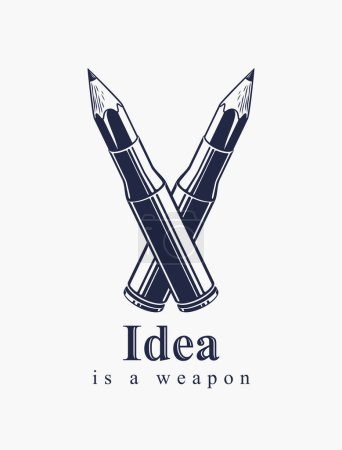 Téléchargez les illustrations : L'idée est un concept d'arme, une arme d'un designer ou d'un artiste allégorie présentée comme une cartouche d'arme à feu avec des crayons au lieu de balle, puissance créatrice, logo vectoriel ou icône. - en licence libre de droit