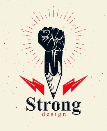 Illustration for Strong design or art power concept shown as a pencil with clenched fist combined into symbol, vector logo or creative conceptual icon for designer or studio, science research. - Royalty Free Image