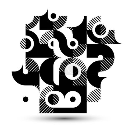 Ilustración de Arte geométrico abstracto en blanco y negro, vector de fondo geométrico con azulejos de círculos y otras formas, textura rayada estilo modernismo motivo lineal, diseño creativo. - Imagen libre de derechos