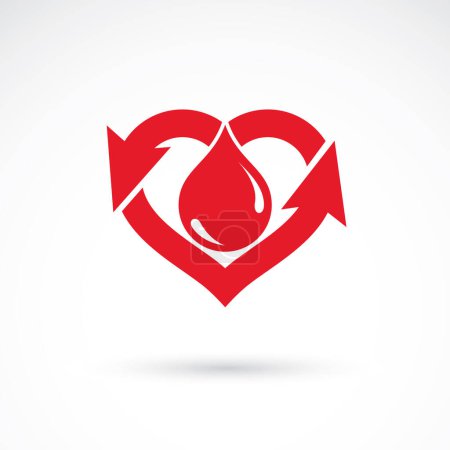 Illustration for Vector illustration of heart shape full of blood composed with arrows. Cardiovascular system diseases prevention conceptual emblem for use in pharmacy. - Royalty Free Image