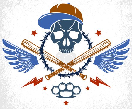 Illustration for Brutal gangster emblem or logo with aggressive skull baseball bats and other weapons and design elements, vector anarchy crime or terrorism retro style, ghetto revolutionary. - Royalty Free Image