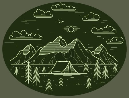 Illustration for Camping tent in mountains range and pine forest vector linear illustration on dark, holidays and vacations theme line art drawing, design wanderlust. - Royalty Free Image