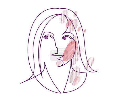 Illustration for Woman beauty face vector linear illustration, delicate line art of attractive girl portrait, abstract feminine drawing minimal style isolated. - Royalty Free Image