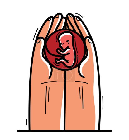 Ilustración de Dos manos con embrión fetal protegiendo y mostrando el vector de cuidado ilustración de estilo plano aislado en blanco, apreciar y defender para los niños nonatos y el concepto de embarazo. - Imagen libre de derechos