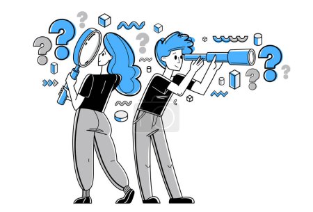 Illustration for Young people making some inquiry and collecting data for analysis, vector outline illustration, exploration and research for business or science, answer the questions. - Royalty Free Image