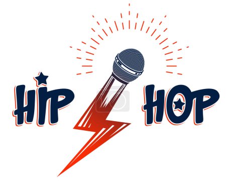 Ilustración de Rap logo vector de música o emblema con micrófono en forma de rayo, Hip Hop rimas festival concierto o discoteca fiesta etiqueta, camiseta de impresión. - Imagen libre de derechos