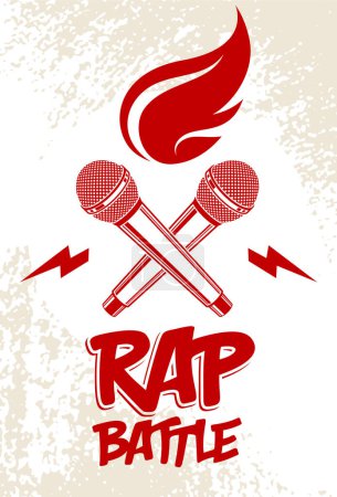 Téléchargez les illustrations : Logo ou emblème vectoriel Rap Battle avec deux microphones croisés et feu, Hip Hop hot rime musique micro dans une flamme, festival de concerts ou étiquette de boîte de nuit, imprimé t-shirt. - en licence libre de droit