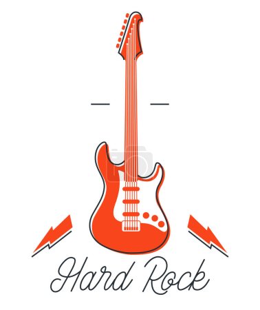 Hard rock and heavy metal emblem or logo vector flat style illustration isolated, electric guitar with lightning bolts, logotype for recording label or studio or musical band.