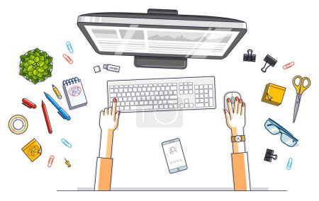 Illustration for Work desk workspace top view with hands of office worker or entrepreneur, PC computer and a lot of different stationery objects on table. All elements are easy to use separately. Vector. - Royalty Free Image