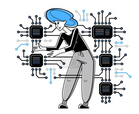Illustration for Sysadmin repairing hardware vector outline illustration, system administrator computer engineer working with circuit boards motherboard and processor, server pc technology. - Royalty Free Image