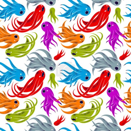 Illustration for Scary horror monsters seamless vector textile pattern, beasts creatures endless wallpaper, stylish background for Halloween theme, funny picture. - Royalty Free Image