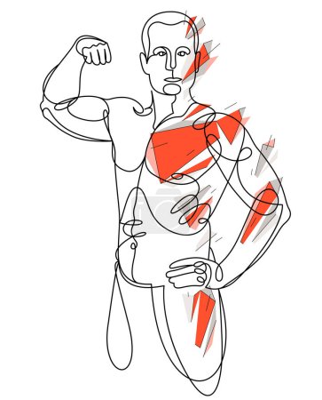 Ilustración de Linear drawing of a perfect body fit model man posing vector illustration isolated, muscular macho sexy guy with naked torso topless. - Imagen libre de derechos