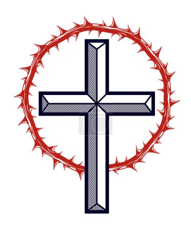 Illustration for Christian cross with blackthorn thorn vector religion logo or tattoo, passion of the Christ. - Royalty Free Image