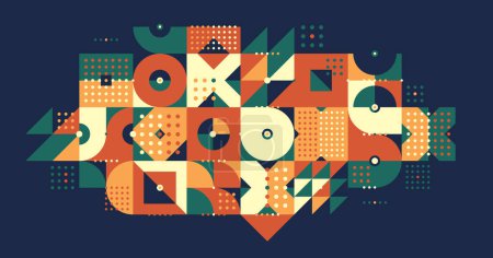 Ilustración de Fondo geométrico abstracto sobre oscuro, azulejos modulares de cerámica de color étnico diseño gráfico composición, arte nativo americano ornamento azteca. - Imagen libre de derechos