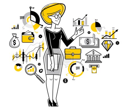 Illustration for Financier analyzing financial data vector outline illustration, investment and budget issues, woman financial adviser, investor. - Royalty Free Image