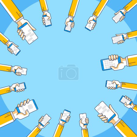 Illustration for Internet communication and activity, people hands holding phones and using apps, global network, modern communication, messenger or social media concept, vector design. - Royalty Free Image