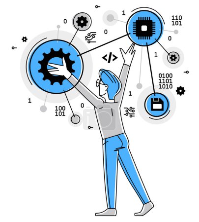 Ilustración de Ingeniero informático en el esquema de vectores de trabajo ilustración, programador y administrador de sistemas haciendo su trabajo con algún sistema operativo, - Imagen libre de derechos