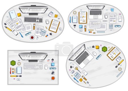 Illustration for Office employee or entrepreneur work desks workplaces with PC and laptops and diverse stationery objects for work and analytics papers, top view. All elements are easy to use separately. Vector set. - Royalty Free Image