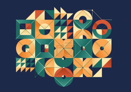 Illustration for Bauhaus style abstract geometric vector background over dark, geometrical abstraction art in ethnic colors, colorful artistic pattern composition. - Royalty Free Image