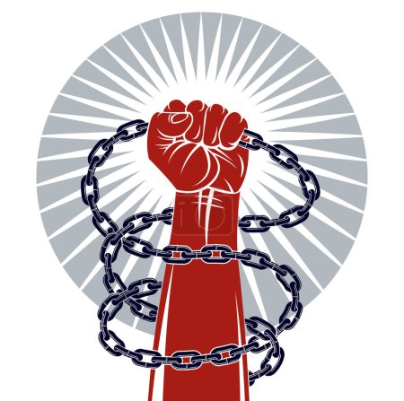 Illustration for Strong hand clenched fist fighting for freedom against chain slavery theme illustration, vector logo or tattoo, getting free, struggle for liberty. - Royalty Free Image
