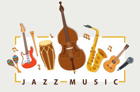 Jazzmusik Band Plakat verschiedene Instrumente Vektor flache Abbildung, Live-Sound-Festival oder Konzert Werbeflyer oder Banner, spielen verschiedene Instrumente Orchester.