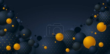 Téléchargez les illustrations : Sphères pointillées noires et jaunes illustration vectorielle avec espace de copie, fond abstrait avec de belles boules à pois, 3D globes design concept art. - en licence libre de droit