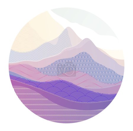 Illustration for Abstract oriental Japanese art vector background in a shape of circle, traditional style design, wavy shapes and mountains terrain landscape, runny like sea lines. - Royalty Free Image