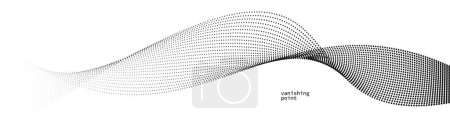 Ilustración de Ilustración abstracta del vector de fondo, puntos en movimiento por líneas de curva, ondas de flujo de partículas aisladas, ilustración monocromática en blanco y negro. - Imagen libre de derechos