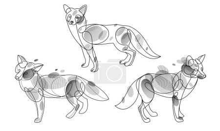 Téléchargez les illustrations : Red fox linear vector illustrations set isolated, cute wild animal wildlife adorable canine, monochrome artistic drawings. - en licence libre de droit