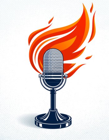 Illustration for Vintage microphone on fire, hot mic in flames, studio recording music, on the air typing, vector logo or illustration, live radio translation, standup comedy, t-shirt print. - Royalty Free Image