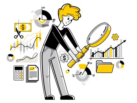 Illustration for Financial analytics vector outline illustration, analytic with magnifying glass making inquiry about finances, financier reviewing cash-flow, budget balance. - Royalty Free Image