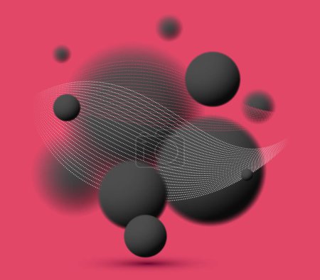 Illustration for Blurred defocused spheres over red vector abstract background, balls levitating wallpaper. - Royalty Free Image