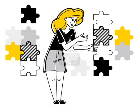 Illustration for Young person combining puzzles and creating a system, vector outline illustration, connect pieces together. - Royalty Free Image