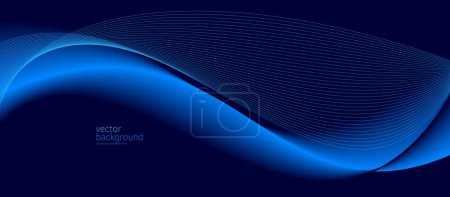 Téléchargez les illustrations : Flux lisse de forme ondulée avec un fond abstrait vectoriel dégradé, un mouvement d'énergie de courbe bleu foncé, un son ou une technologie de musique relaxante. - en licence libre de droit