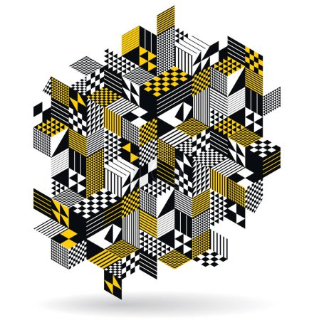 Illustration for Black and yellow geometric vector abstract background with cubes and shapes, isometric 3D abstraction art displaying city buildings forms look like, op art optical illusion. - Royalty Free Image