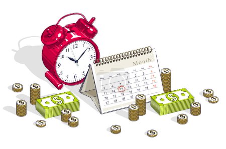 Illustration for Deadline concept, table Alarm Clock and Calendar with cash money stacks and coin piles isolated on white background. Isometric vector business and finance illustration, 3d thin line design. - Royalty Free Image