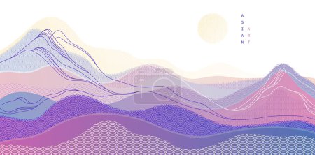 Illustration for Oriental Japanese style vector abstract illustration, background in Asian traditional style, wavy shapes and mountains terrain, runny like sea lines. - Royalty Free Image