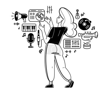 Illustration for Music producer composing new track vector outline illustration, sound engineer doing his job in recording studio, composer creating audio mix. - Royalty Free Image