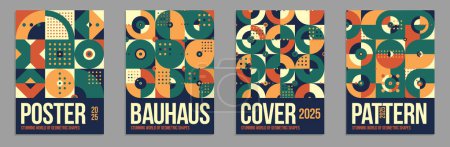 Illustration for Geometric vector posters and covers in Bauhaus style, layout for advertisement sheet, brochure or book cover, tiling mosaic pattern in traditional ceramic colors. - Royalty Free Image