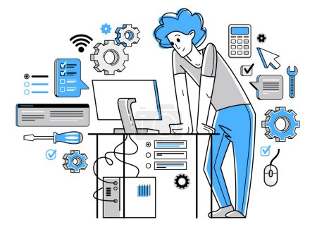 Téléchargez les illustrations : Technician computer engineer repairing pc vector outline illustration, fixing system work with software and hardware, system administrator. - en licence libre de droit