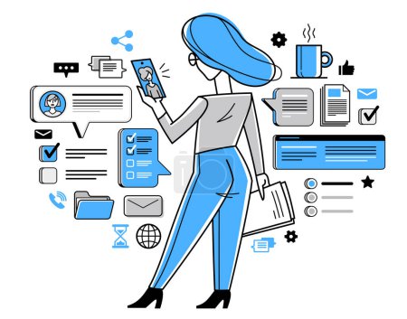 Illustration for Online work on a phone concept vector outline illustration, smartphone remote virtual working freelancer or a part of coworking team working on distance. - Royalty Free Image