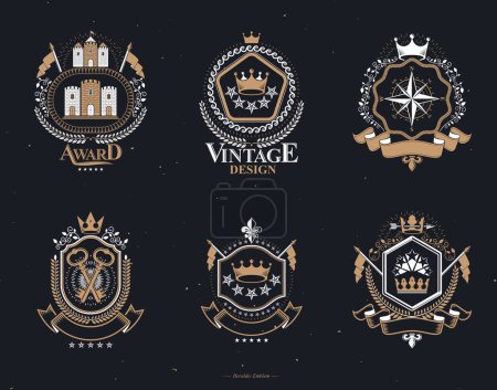 Illustration for Set of vector retro vintage insignias created with design elements like medieval castles, armory, wild animals, imperial crowns. Collection of coat of arms. - Royalty Free Image