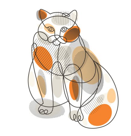 Illustration for Fat and lazy cat line art vector illustration, linear drawing of pussycat relaxing, minimal outline sketch of cute domestic pet. - Royalty Free Image