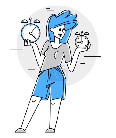 Ilustración de Business worker planning tasks and create time management vector outline illustration, productivity multitask prioritization, deadline and zero hour. - Imagen libre de derechos