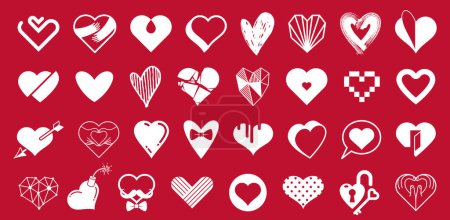 Illustration for Collection of hearts vector logos or icons set, heart shapes of different styles and concepts symbols, love and care, health and cardiology, geometric and low poly. - Royalty Free Image