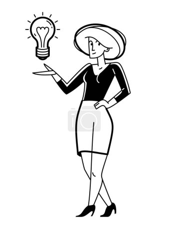 Ilustración de La persona de negocios tiene una idea brillante sobre el desarrollo o la nueva puesta en marcha, solución de bombillas en manos de emprendedor innovador, ilustración de contorno de vectores. - Imagen libre de derechos